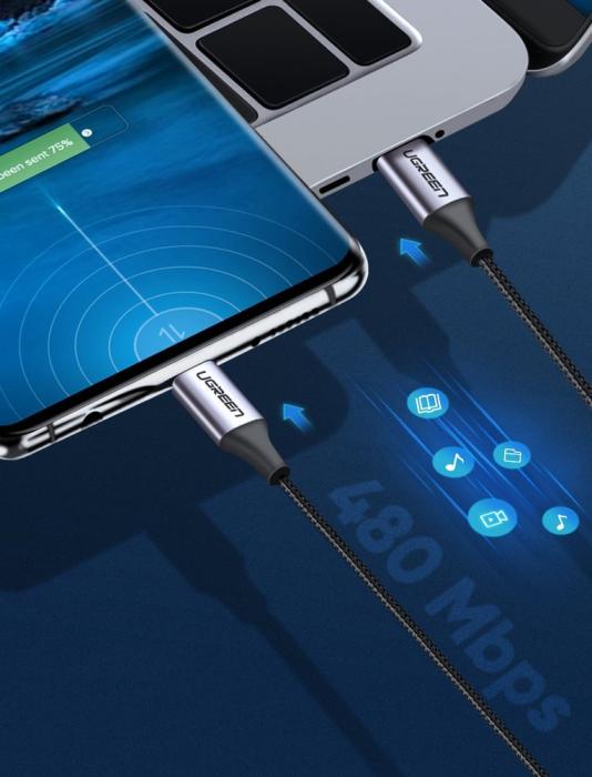 Bild 2, Ugreen 1m 60W 3A USB-C - USB-C Flätad Nylon Kabel - Svart/Grå