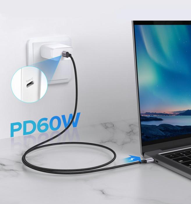 Bild 3, Ugreen 1m 60W 3A USB-C - USB-C Flätad Nylon Kabel - Svart/Grå