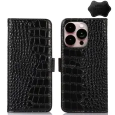 iPhone 14 Pro Max Fodral &Auml;kta L&auml;der Krokodil Textur Svart