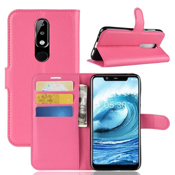 Bild 1, Nokia 5.1 Plus - Litchi Plånboksfodral - Rosa