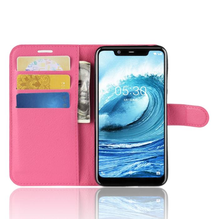 Bild 5, Nokia 5.1 Plus - Litchi Plånboksfodral - Rosa