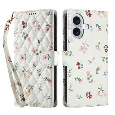 iPhone 16 Fodral Rhombus Läder Blommor Vit