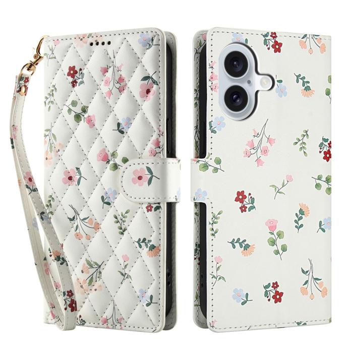 Bild 1, iPhone 16 Fodral Rhombus Läder Blommor Vit