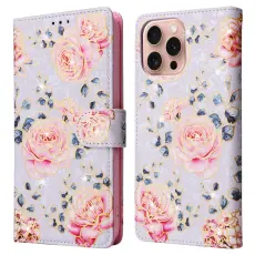 iPhone 16 Pro Fodral RFID L&auml;der Rosa Blommor