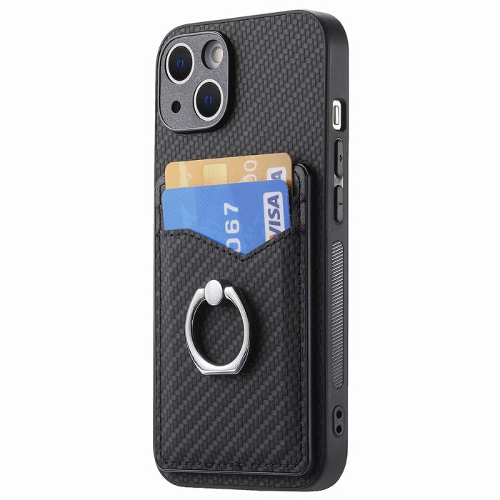 Bild 1, iPhone 15 Plus Skal Kolfiber Textur Ring Kortfack Svart