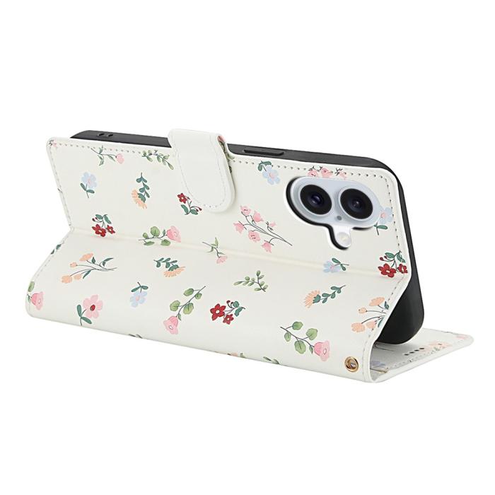 Bild 3, iPhone 16 Fodral Rhombus Läder Blommor Vit