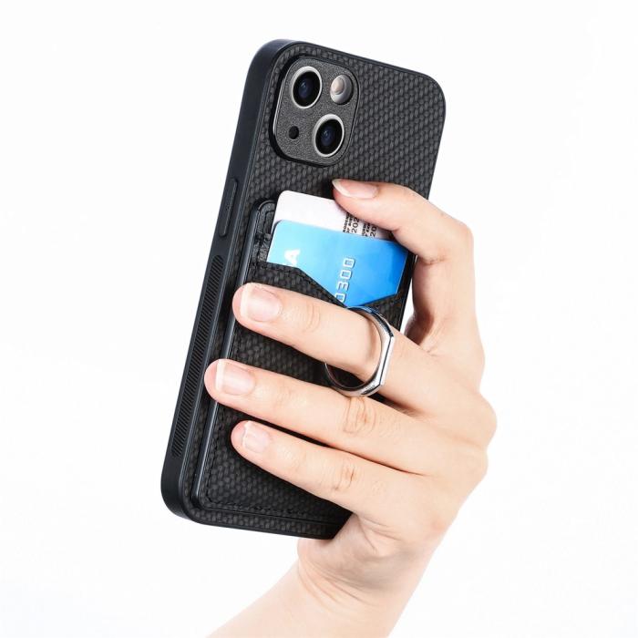 Bild 4, iPhone 15 Plus Skal Kolfiber Textur Ring Kortfack Svart