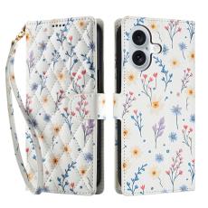 iPhone 16 Fodral Rhombus L&auml;der Blommor Vit