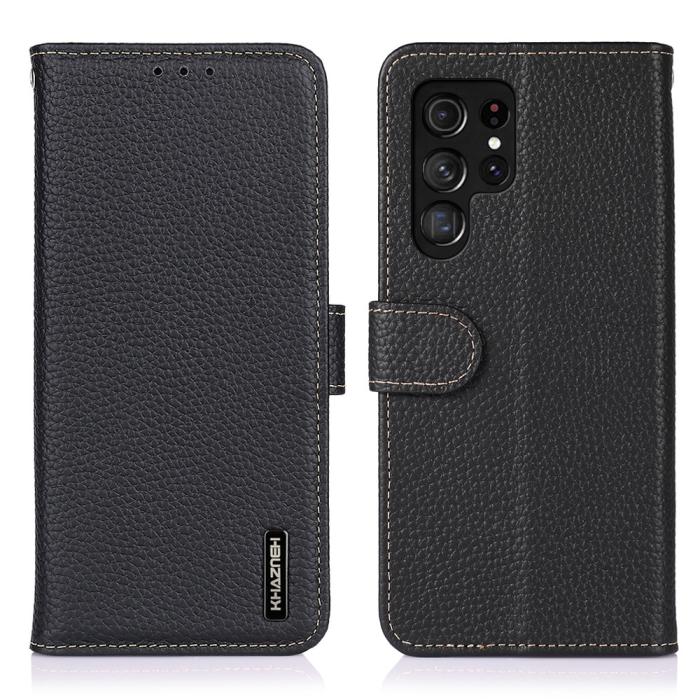 Bild 1, KHAZNEH Samsung Galaxy S22 Ultra Fodral Litchi Äkta Läder Svart