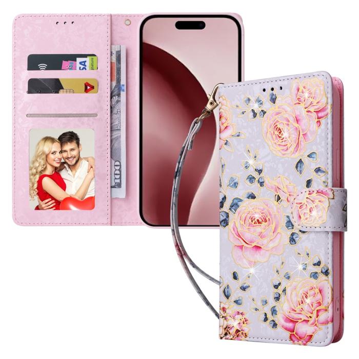 Bild 5, iPhone 16 Pro Fodral RFID Läder Rosa Blommor