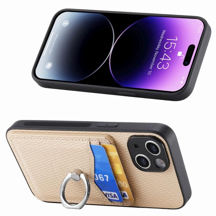 Bild 2, iPhone 15 Plus Skal Kolfiber Textur Ring Kortfack Aprikos