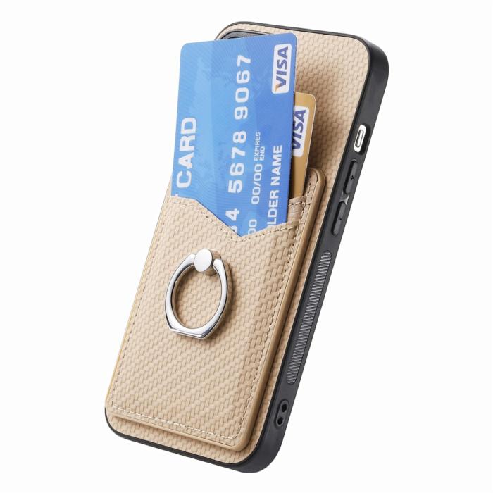 Bild 3, iPhone 15 Plus Skal Kolfiber Textur Ring Kortfack Aprikos