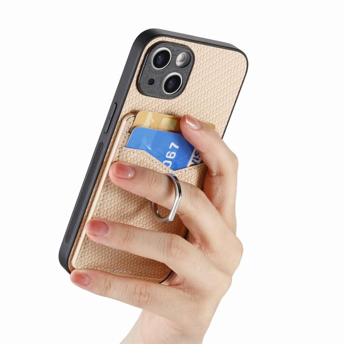 Bild 4, iPhone 15 Plus Skal Kolfiber Textur Ring Kortfack Aprikos