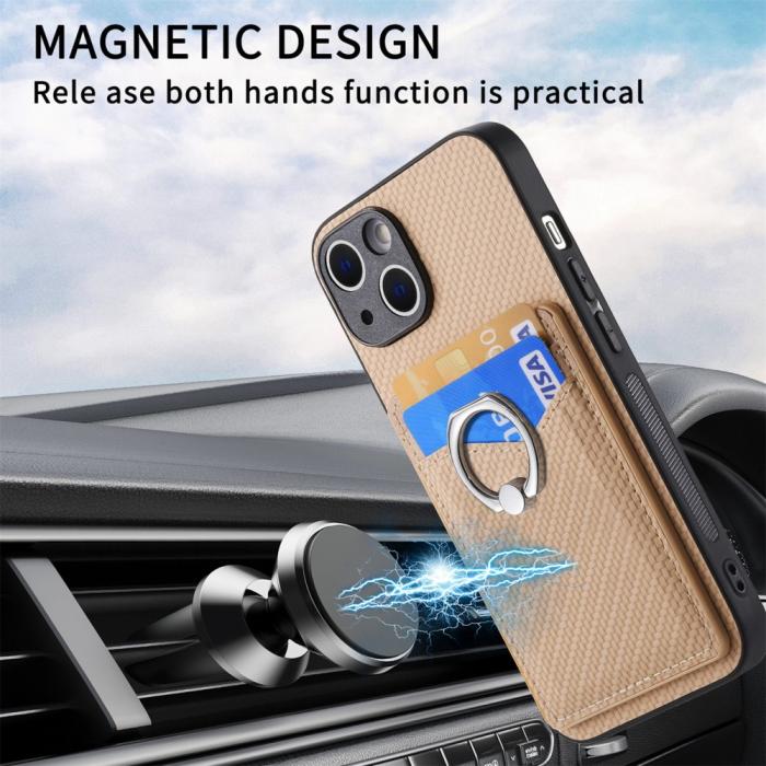 Bild 6, iPhone 15 Plus Skal Kolfiber Textur Ring Kortfack Aprikos