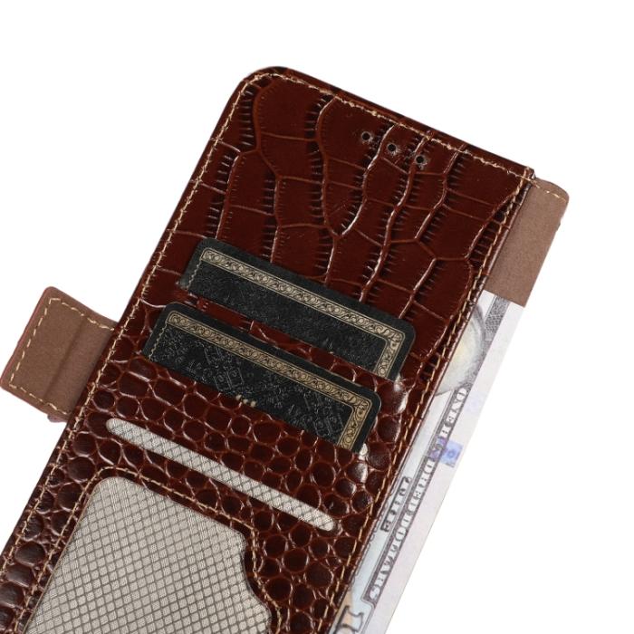 Bild 5, iPhone 14 Pro Max Fodral Äkta Läder Krokodil Textur Brun