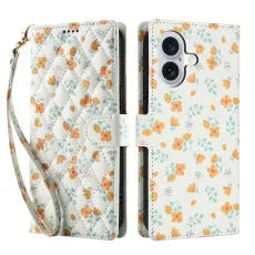 iPhone 16 Fodral Rhombus L&auml;der Blommor Vit