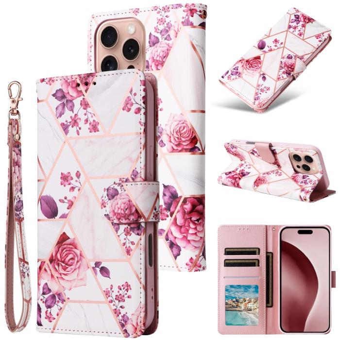Bild 6, iPhone 16 Pro Fodral Läder Marmor Vit/Rosa