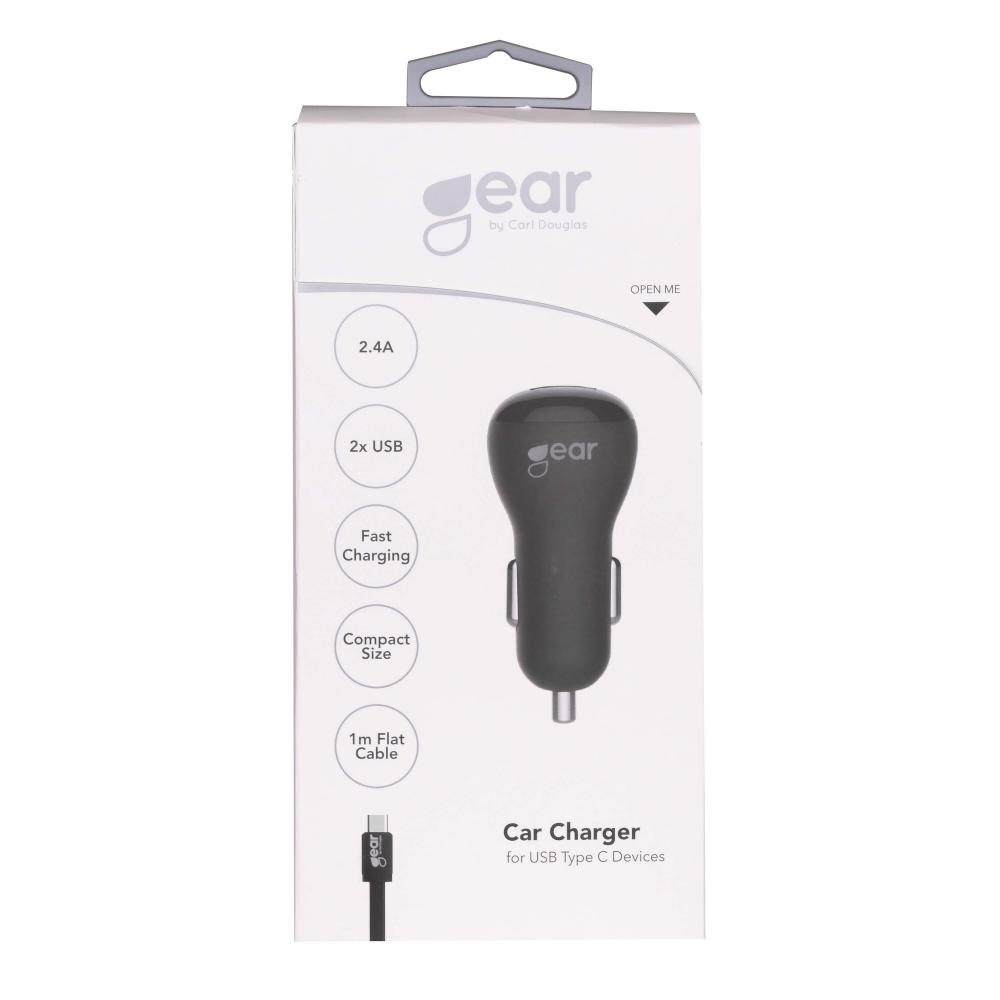 GEAR Billaddare 2.4A 2xUSB Inkl. 1m USB-C Kabel Svart