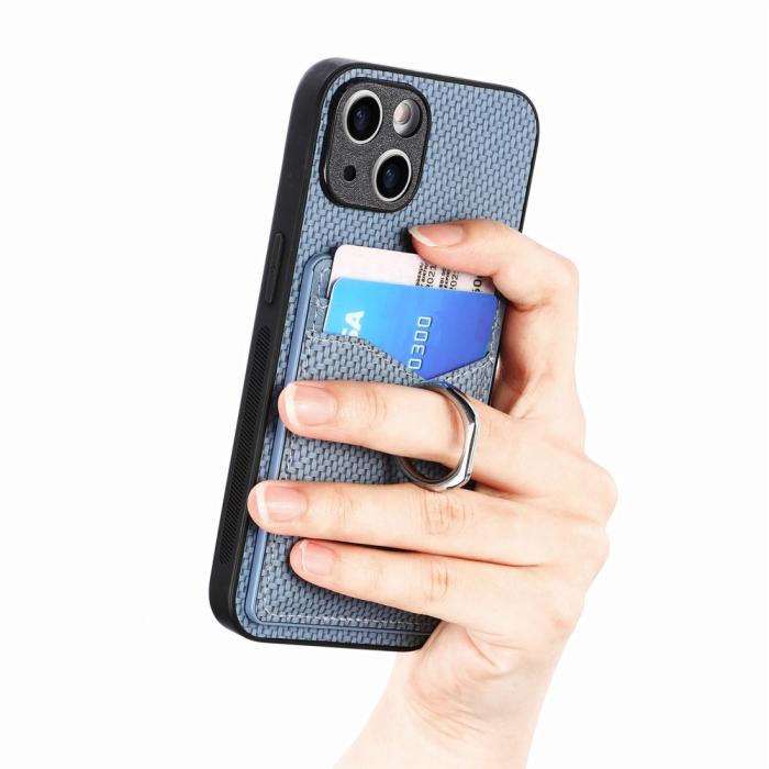 Bild 4, iPhone 15 Plus Skal Kolfiber Textur Ring Kortfack Blå