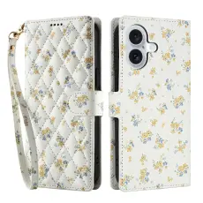 iPhone 16 Fodral Rhombus L&auml;der Blommor Vit