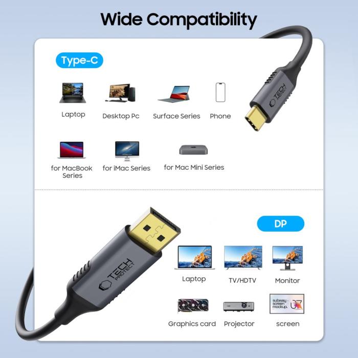 Bild 2, Tech-Protect 1.8m 8K 60Hz USB-C-DisplayPort 1.4 Kabel UltraBoost