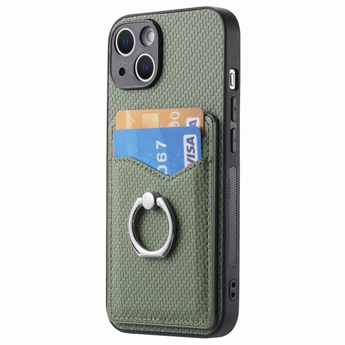 Bild 1, iPhone 15 Plus Skal Kolfiber Textur Ring Kortfack Grön