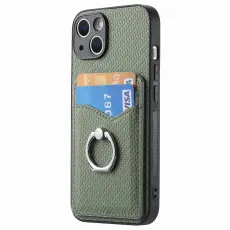 iPhone 15 Plus Skal Kolfiber Textur Ring Kortfack Gr&ouml;n