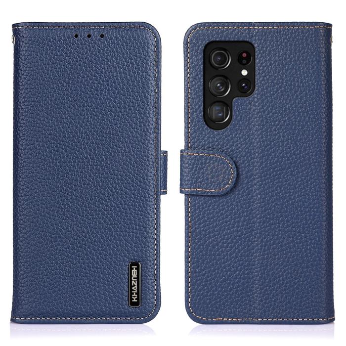 Bild 1, KHAZNEH Samsung Galaxy S22 Ultra Fodral Litchi Äkta Läder Blå