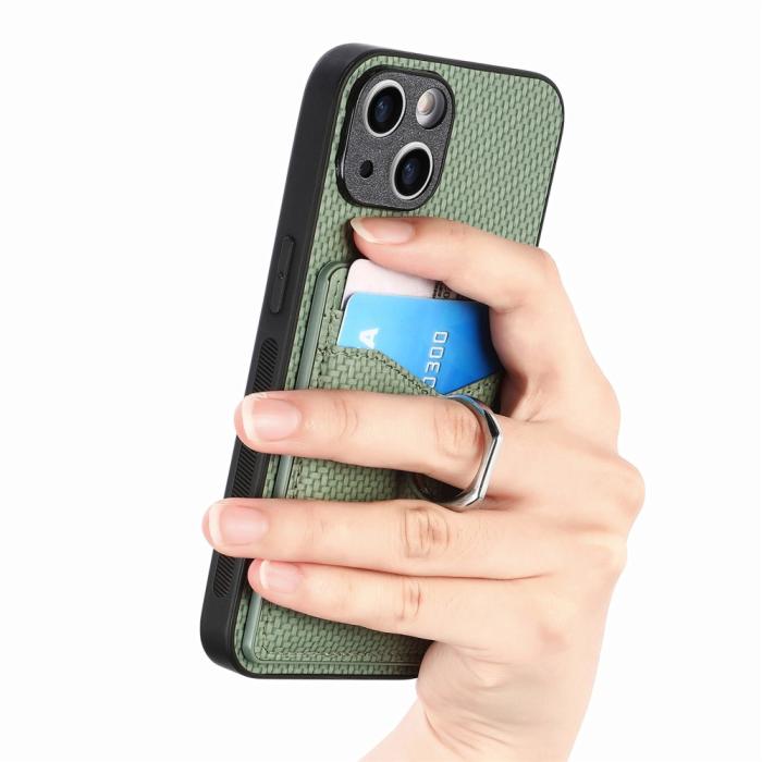 Bild 4, iPhone 15 Plus Skal Kolfiber Textur Ring Kortfack Grön