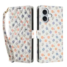 iPhone 16 Fodral Rhombus L&auml;der Blommor Vit