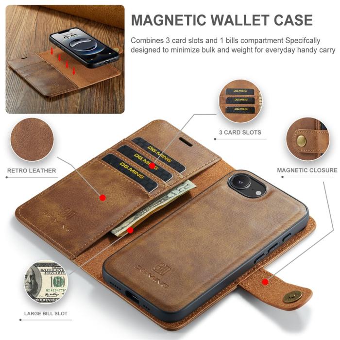 Bild 3, DG.MING iPhone 17e / 16e 2in1 Magnet Fodral / Skal Brun