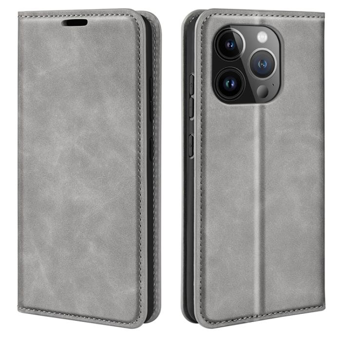 Bild 1, iPhone 15 Pro Fodral Flip Retro Läder Grå