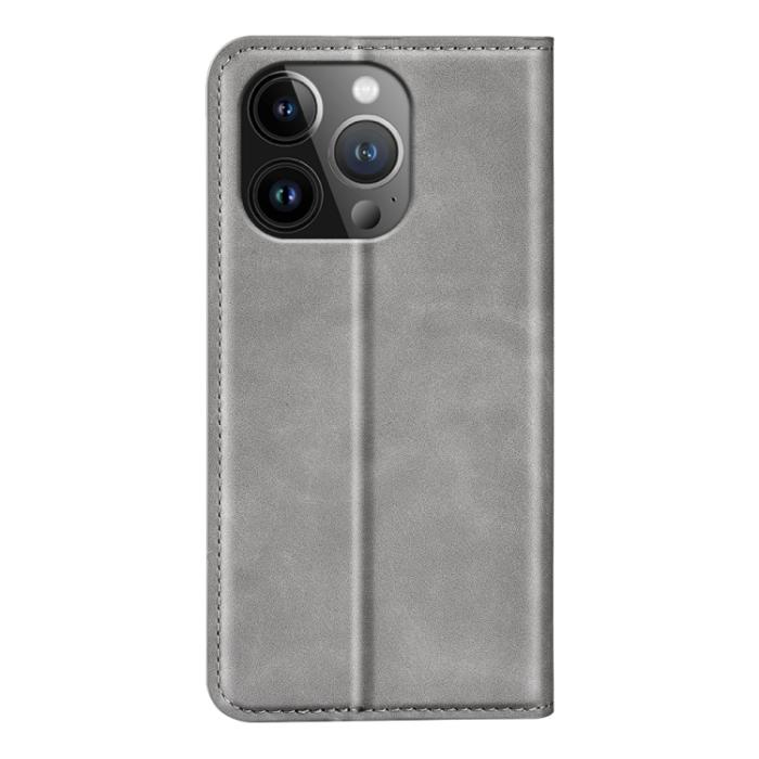 Bild 3, iPhone 15 Pro Fodral Flip Retro Läder Grå