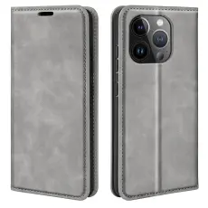 iPhone 15 Pro Fodral Flip Retro L&auml;der Gr&aring;