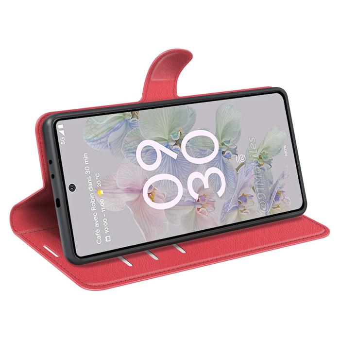 Bild 4, Google Pixel 6A Fodral Litchi Läder Röd