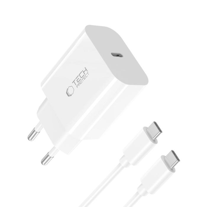 Bild 2, Tech-Protect 20W USB-C Väggladdare PD Inkl. USB-C Kabel Vit