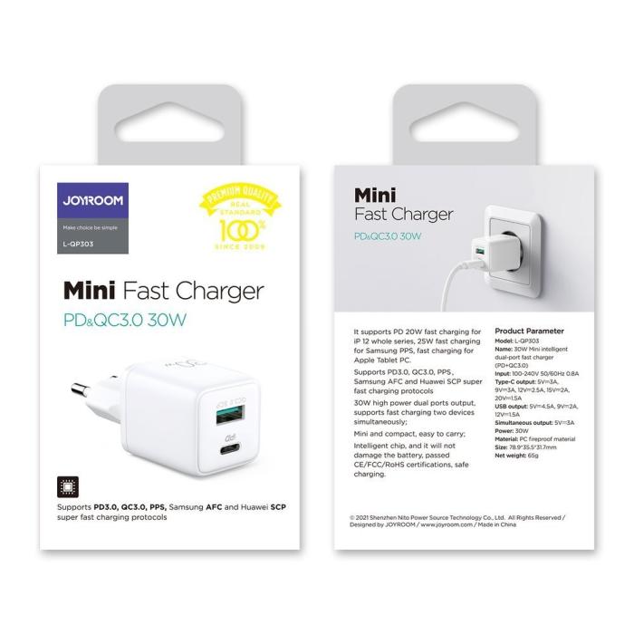 Bild 6, Joyroom 30W PD QC USB-C / USB-A Väggladdare Vit