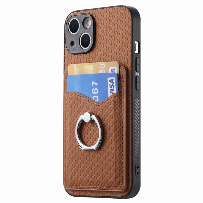 Bild 1, iPhone 15 Plus Skal Kolfiber Textur Ring Kortfack Brun