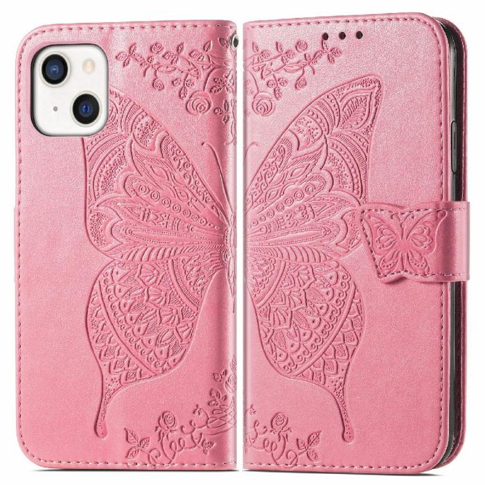Bild 1, iPhone 13 - Butterfly Print Läder Fodral - Rosa
