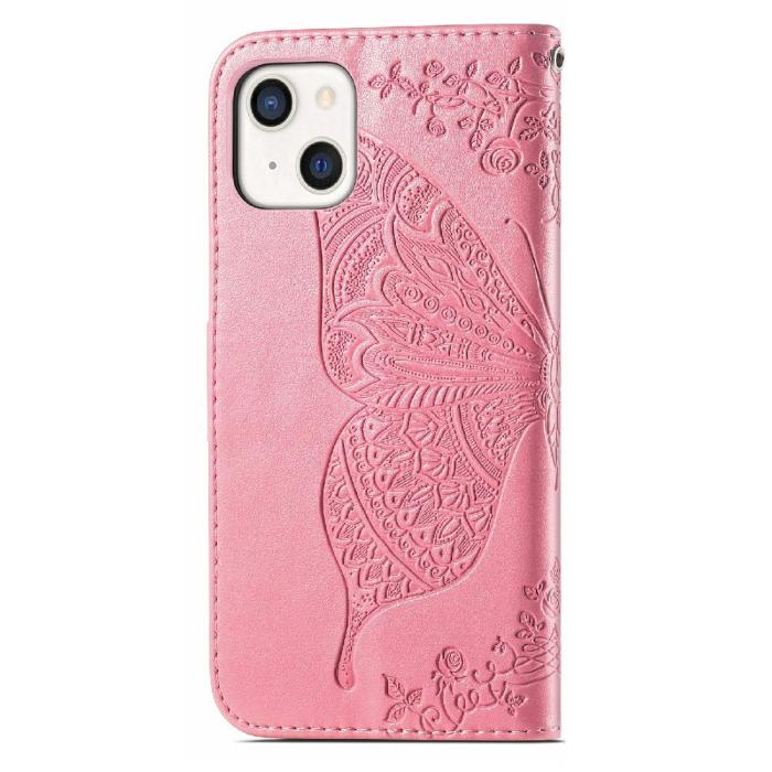 Bild 3, iPhone 13 - Butterfly Print Läder Fodral - Rosa