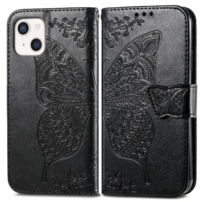 Bild 1, iPhone 13 - Butterfly Print Läder Fodral - Svart