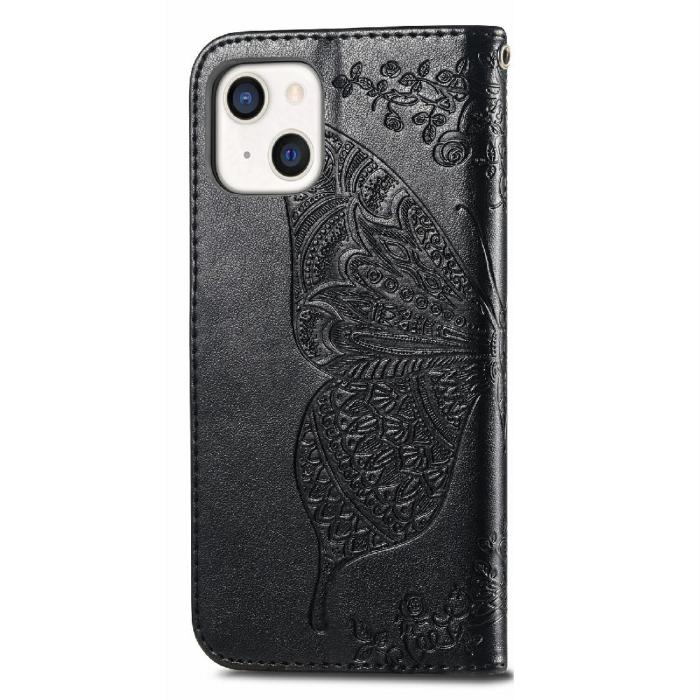 Bild 2, iPhone 13 - Butterfly Print Läder Fodral - Svart