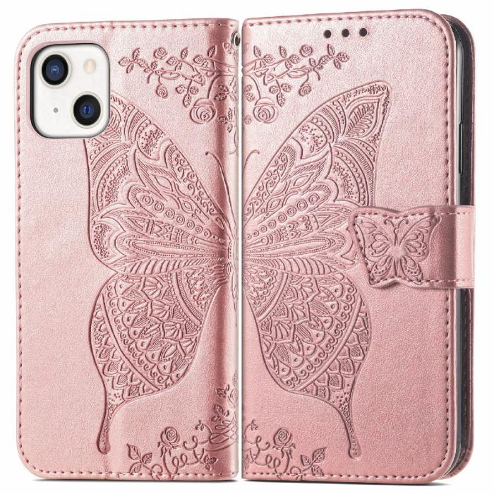 Bild 1, iPhone 13 - Butterfly Print Läder Fodral - Roséguld