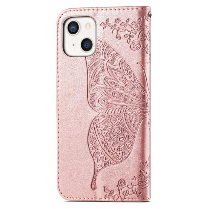 Bild 2, iPhone 13 - Butterfly Print Läder Fodral - Roséguld