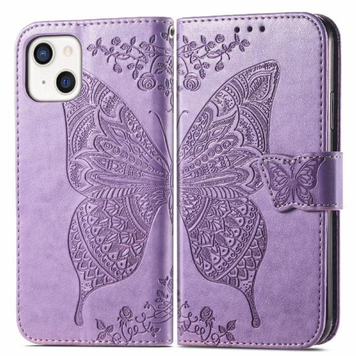 Bild 1, iPhone 13 - Butterfly Print Läder Fodral - Lila