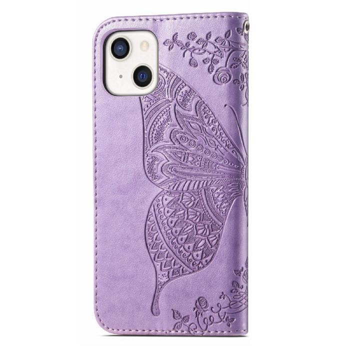 Bild 3, iPhone 13 - Butterfly Print Läder Fodral - Lila