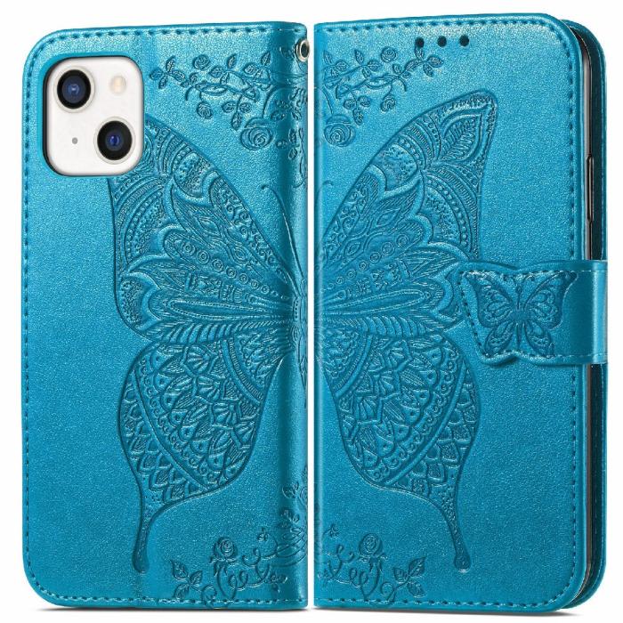 Bild 1, iPhone 13 - Butterfly Print Läder Fodral - Blå