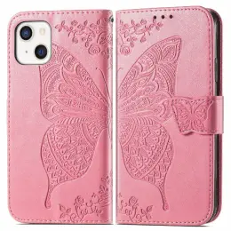 iPhone 13 - Butterfly Print Läder Fodral - Rosa