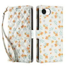 iPhone 17e / 16e Fodral Rhombus L&auml;der Blommor Vit