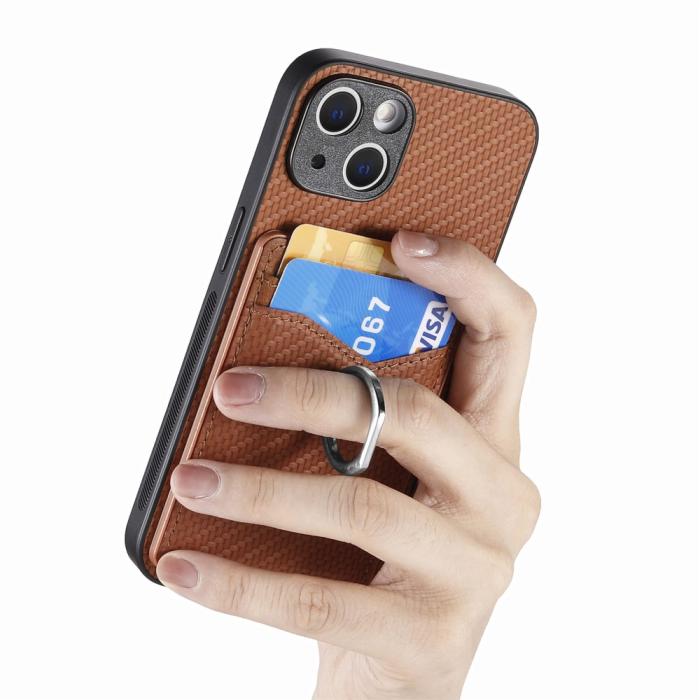 Bild 4, iPhone 15 Plus Skal Kolfiber Textur Ring Kortfack Brun